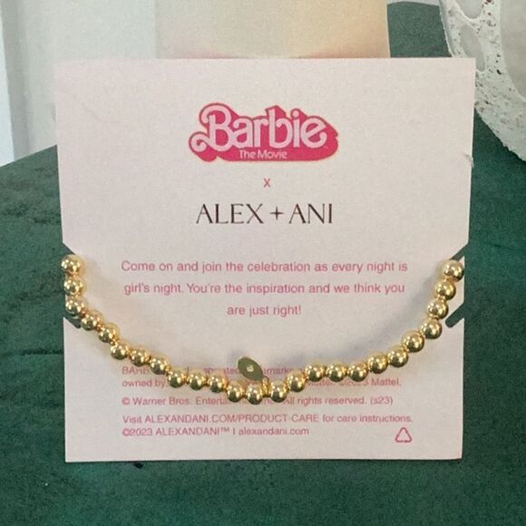 ALEX + ANI NEW SHINY GOLD BARBIE THE MOVIE HEART STRETCH BRACELET FLAMINGO BEACH - Picture 4 of 5